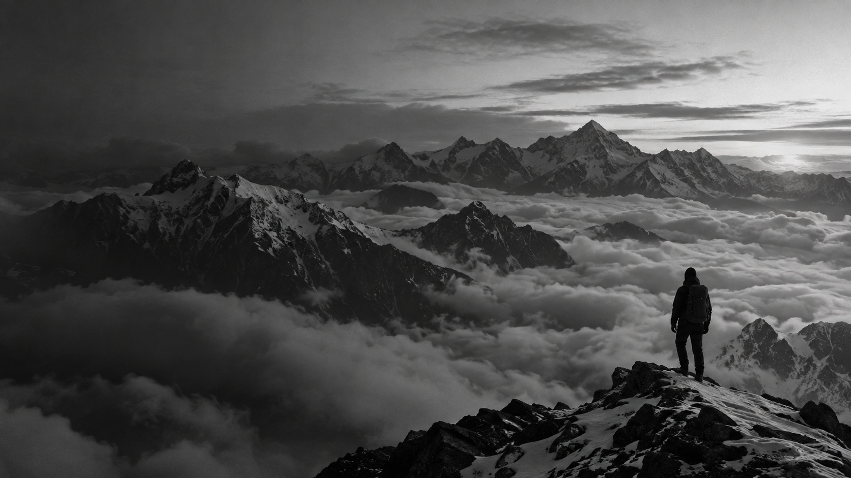 Una persona contempla una cordillera sobre las nubes